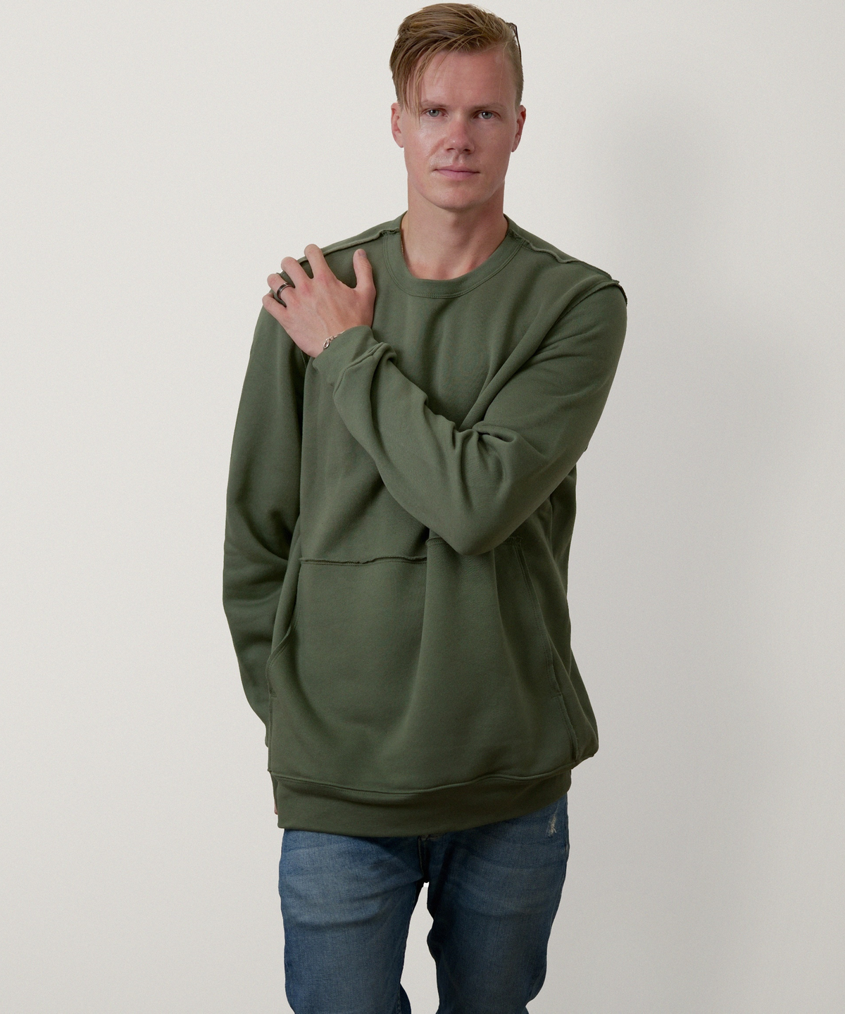 Layered Kangaroo Pocket Sweatshirt for Men (Military Green)